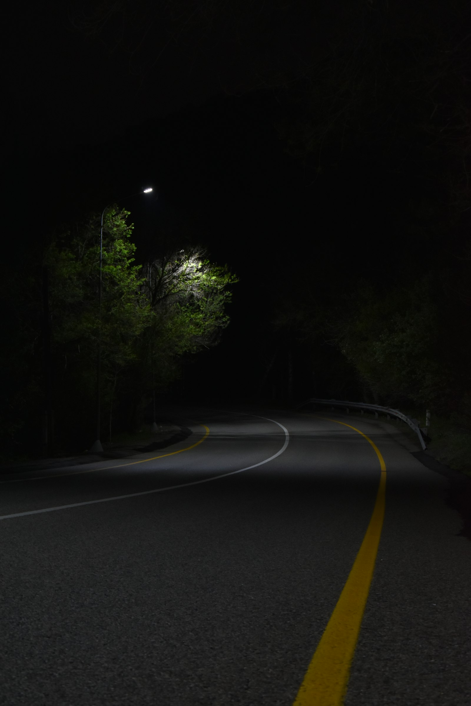 A two-lane road curving away into the dark, lit by one streetlight over the trees at the bend.